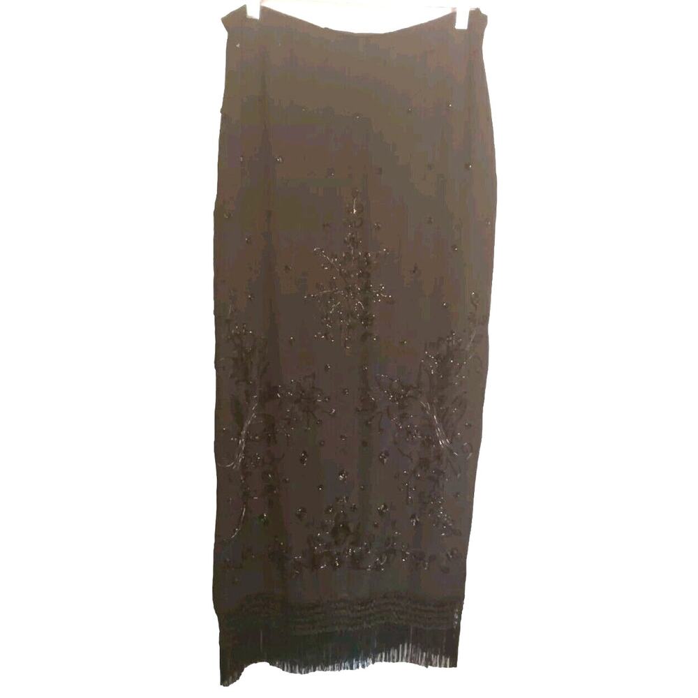 VTG Emanuel Ungaro Black Beaded Silk Maxi Skirt 12 Crochet Fringe Hem Whimsigoth